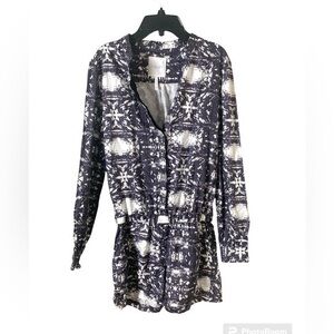 New Cococabana Abstract Cosmic Romper Button Front Long Sleeve Purple Grey White